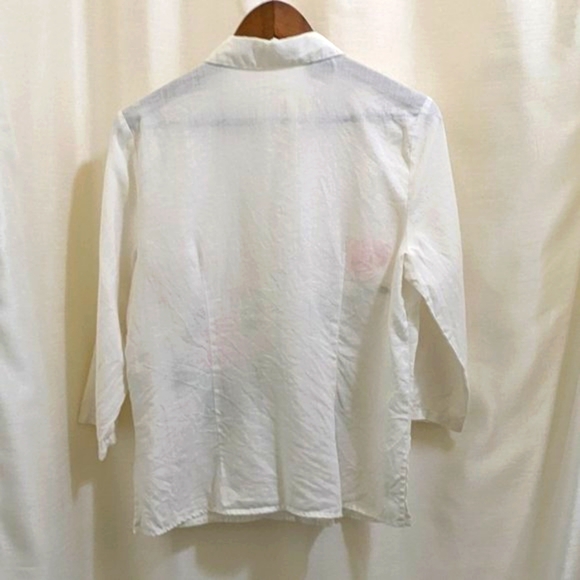 Irish Linen Button White Floral Blouse 3/4 Sleeves - Sz M - Picture 3 of 4
